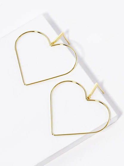 18K Gold Dipped Large Wire Heart Drop Dangle Post Earrings