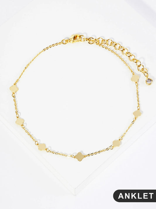 18K Gold Dipped Linked Delicate Quatrefoil Brass Chain Anklet