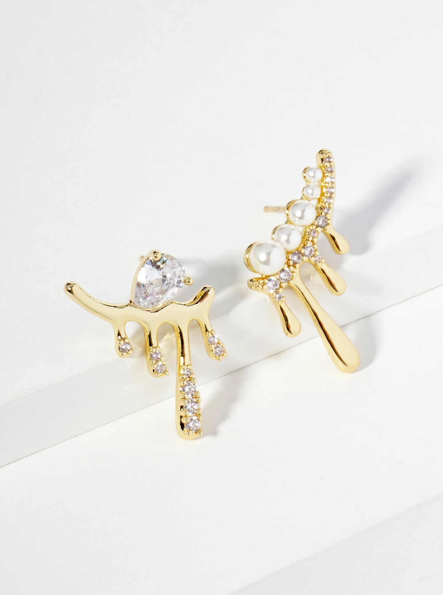 18K Gold Dipped Melting CZ Glass Pearl Bar Asymmetrical Stud Earrings