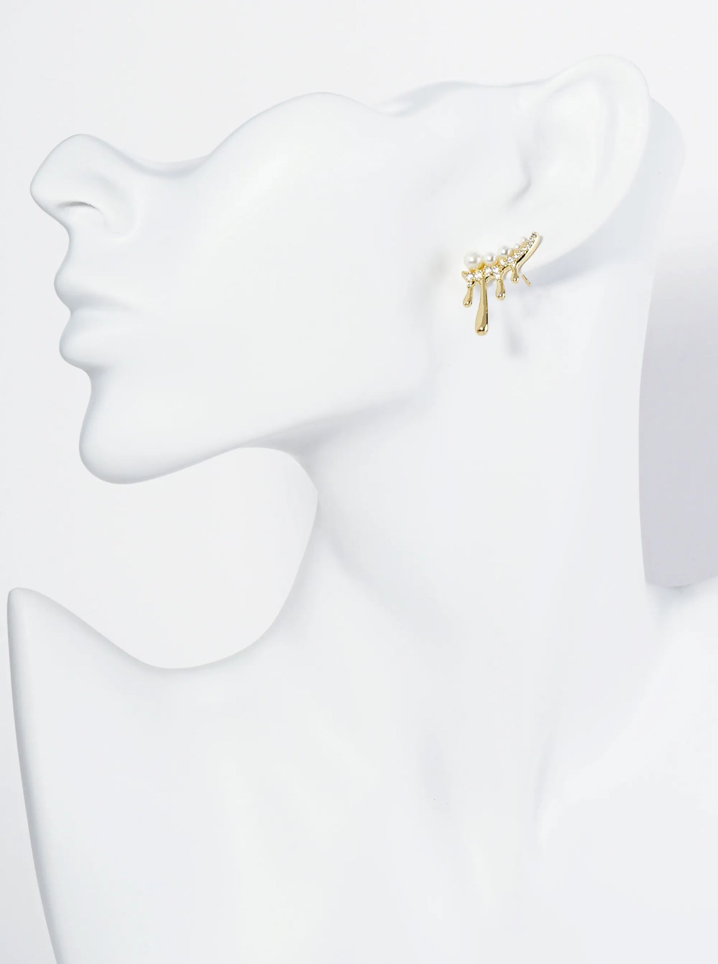 18K Gold Dipped Melting CZ Glass Pearl Bar Asymmetrical Stud Earrings