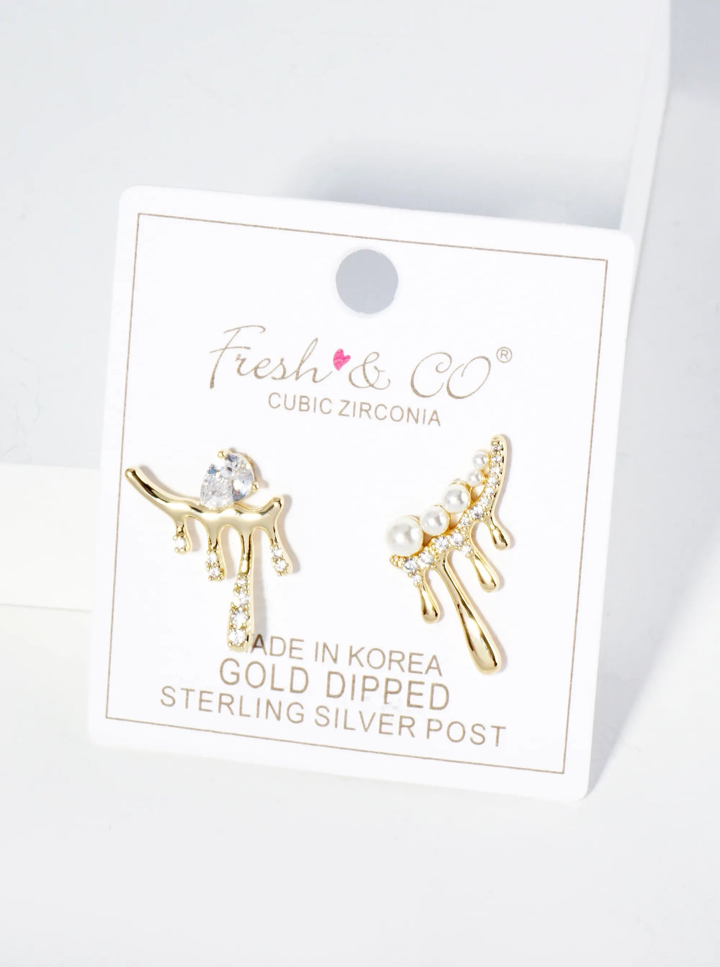 18K Gold Dipped Melting CZ Glass Pearl Bar Asymmetrical Stud Earrings