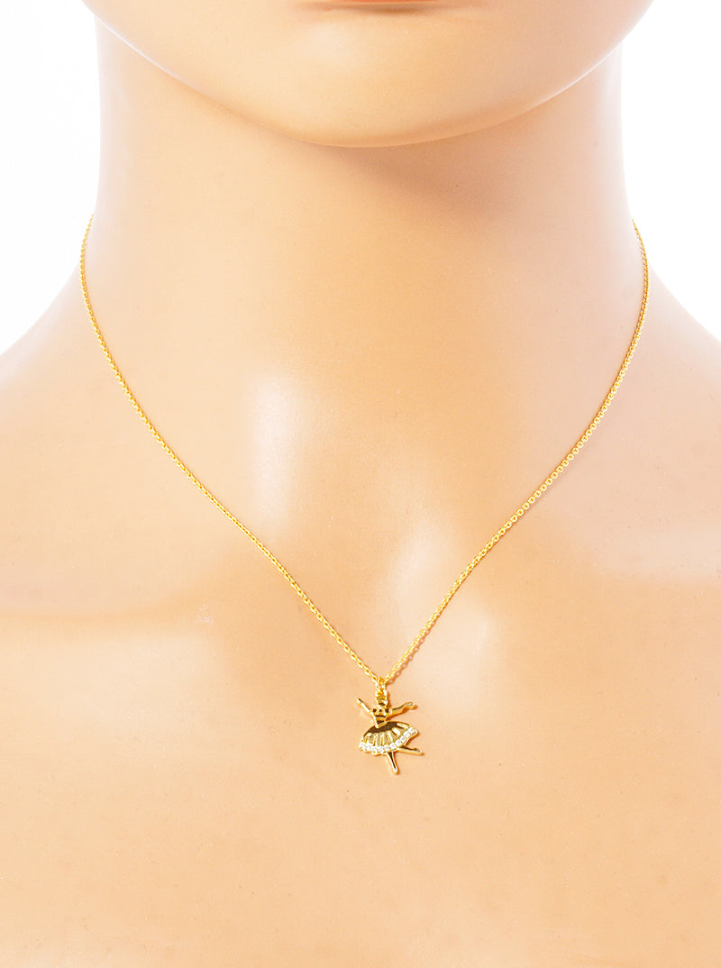 18K Gold Dipped Metal CZ Pave Ballerina Girl Pendant Delicate Necklace