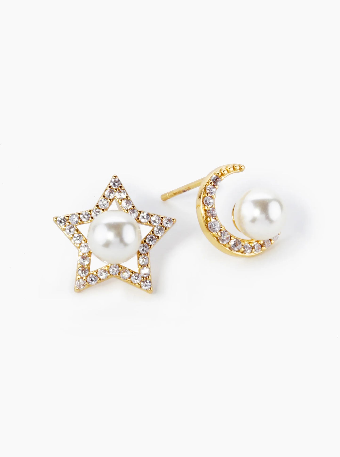 18K Gold Dipped Micro Pave Cubic Zirconia With Pearl Star And Moon Asymmetrical Stud Earrings