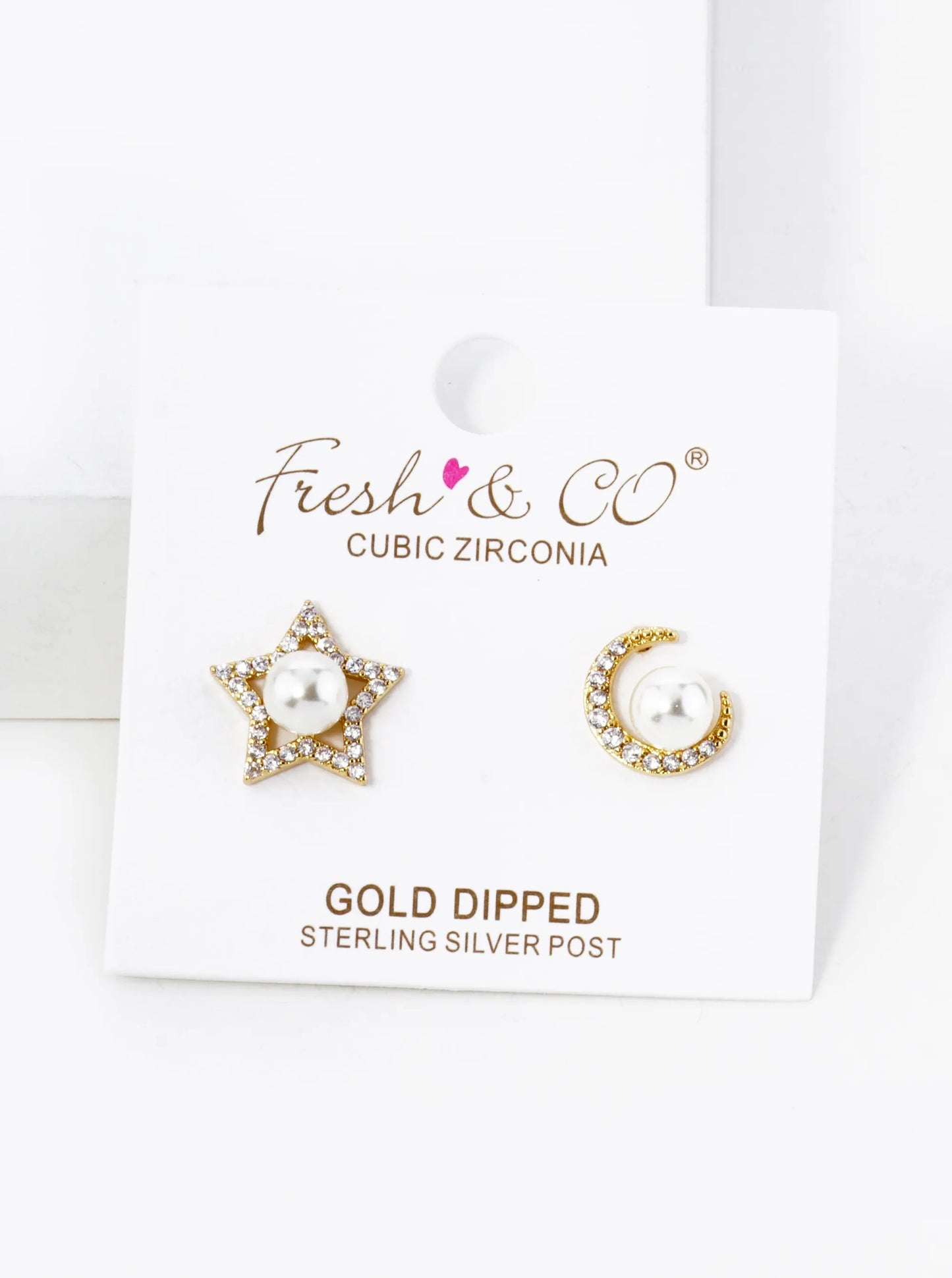 18K Gold Dipped Micro Pave Cubic Zirconia With Pearl Star And Moon Asymmetrical Stud Earrings