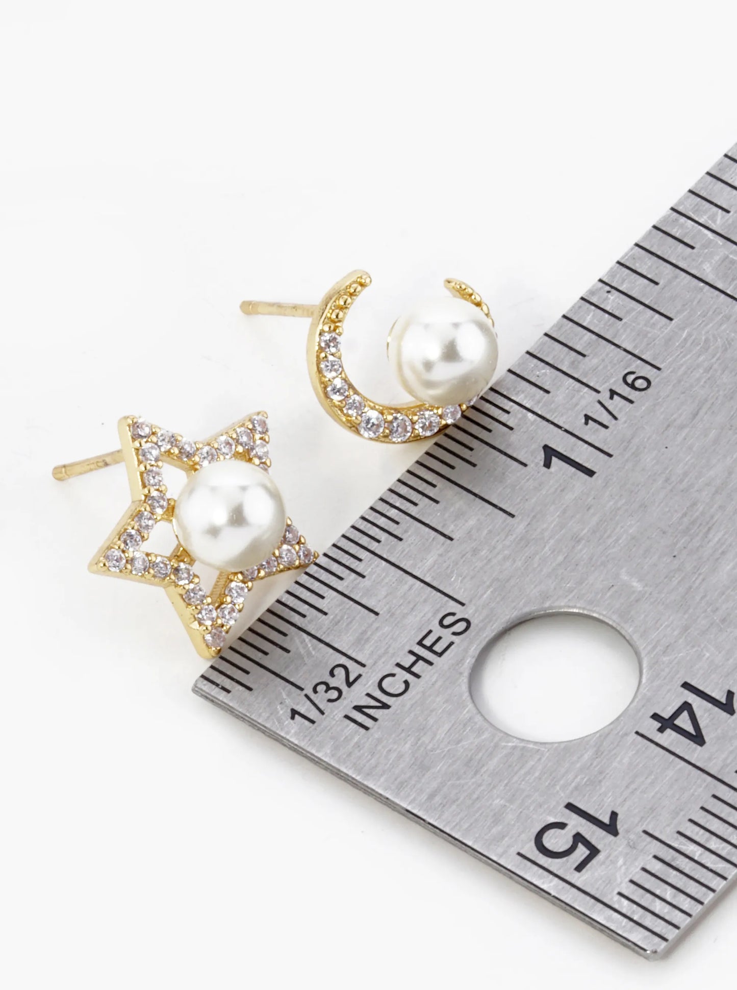 18K Gold Dipped Micro Pave Cubic Zirconia With Pearl Star And Moon Asymmetrical Stud Earrings