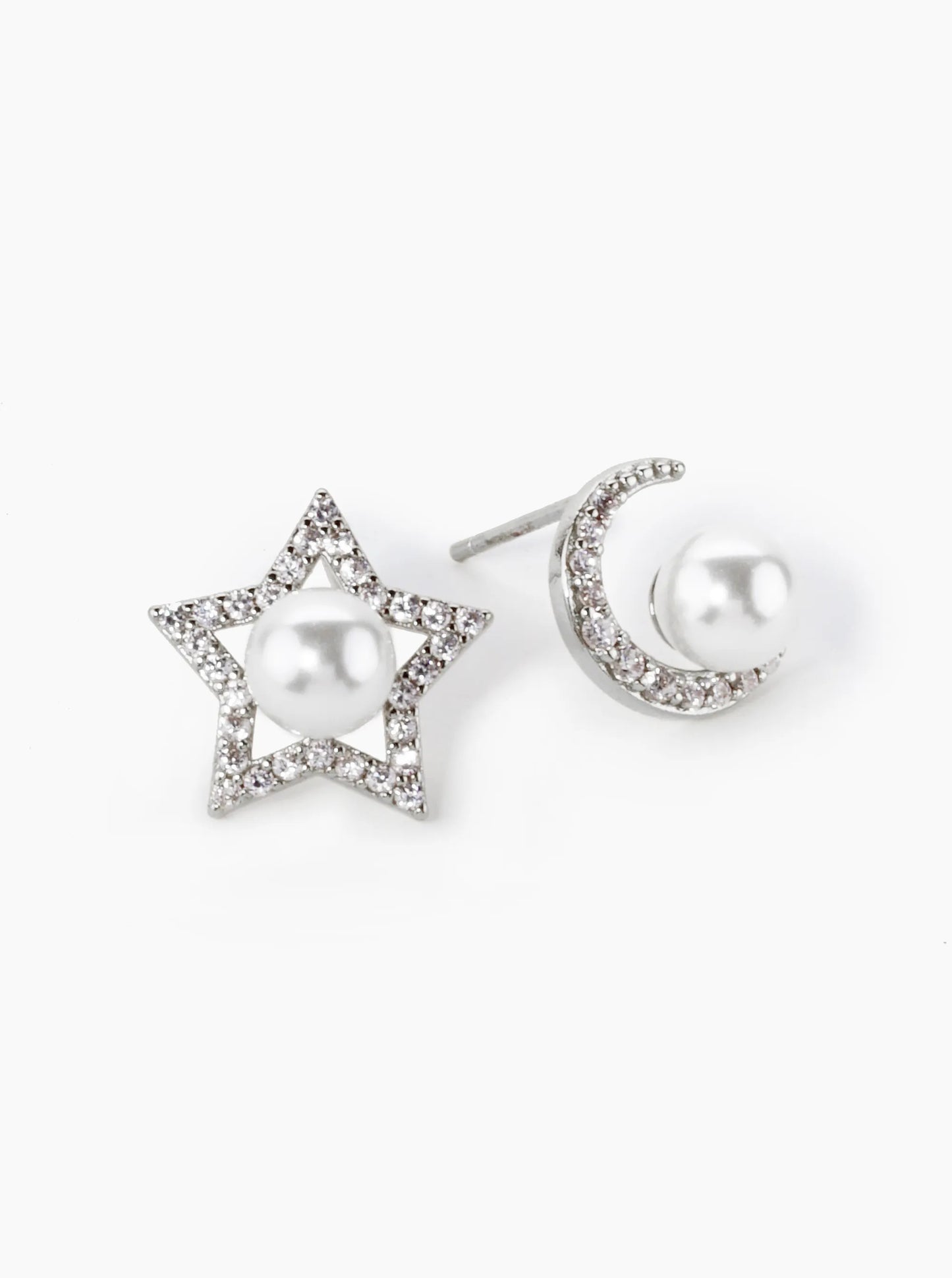18K Gold Dipped Micro Pave Cubic Zirconia With Pearl Star And Moon Asymmetrical Stud Earrings