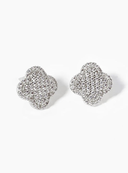 18K Gold Dipped Micro Pave Set 13mm Quatrefoil 925 Sterling Silver Post Stud Earrings