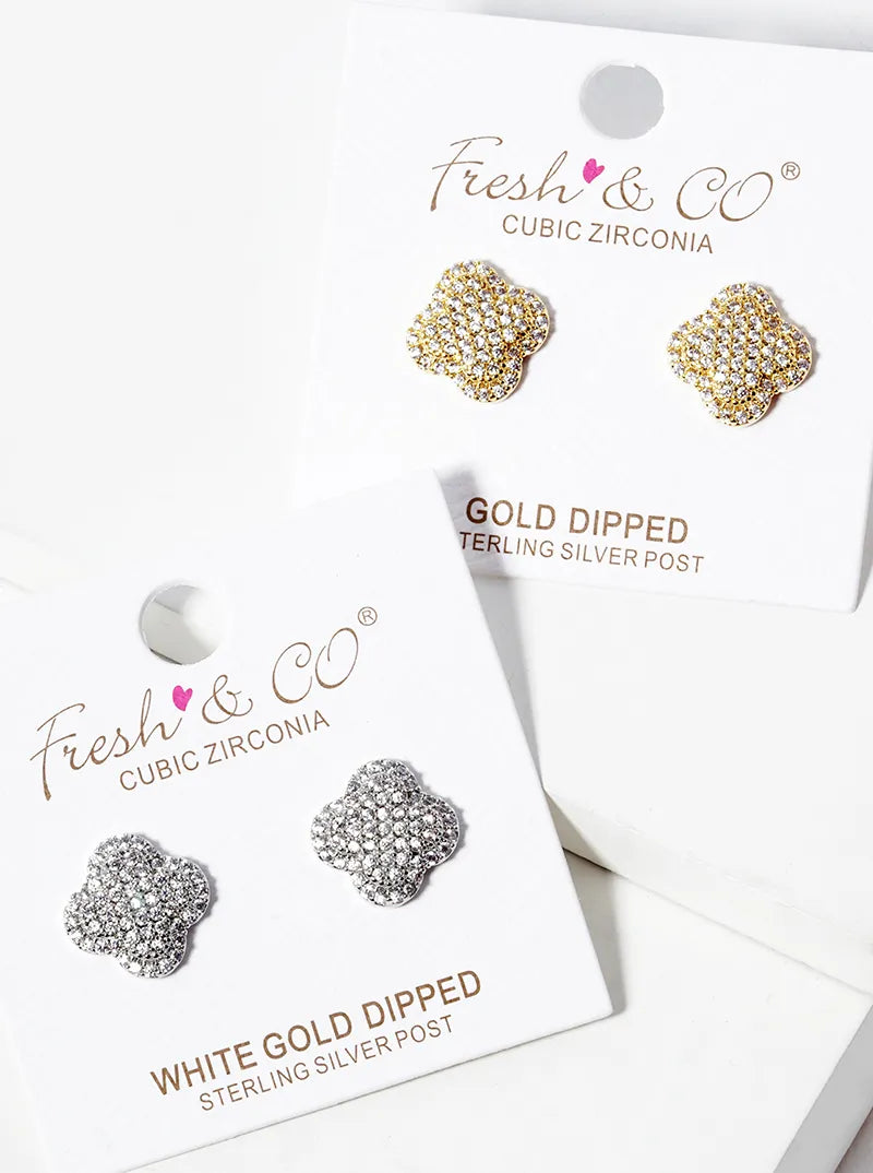 18K Gold Dipped Micro Pave Set 13mm Quatrefoil 925 Sterling Silver Post Stud Earrings