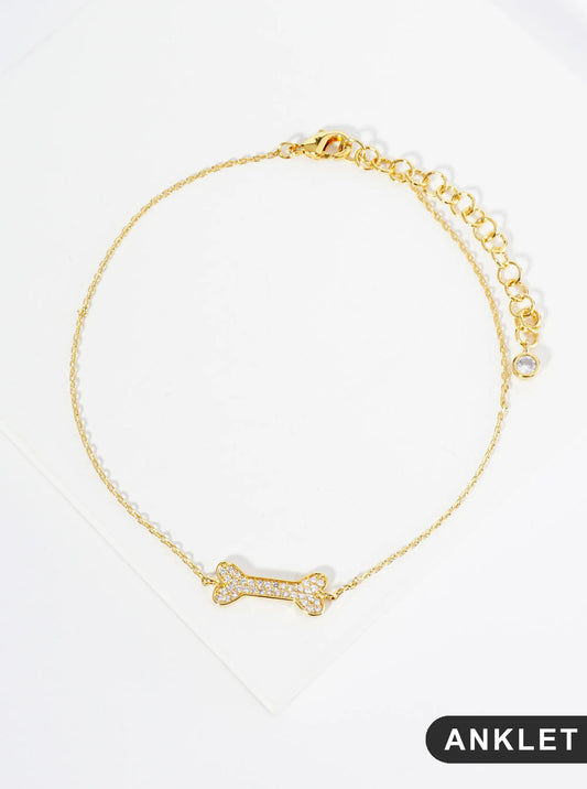 18K Gold Dipped Micro Pave Set CZ Dog Treat Brass Chain Anklet
