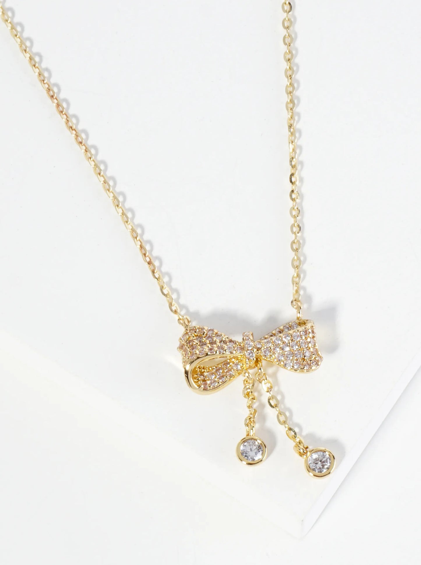 18K Gold Dipped Micro Pave Set CZ Ribbon Bow Pendant Necklace