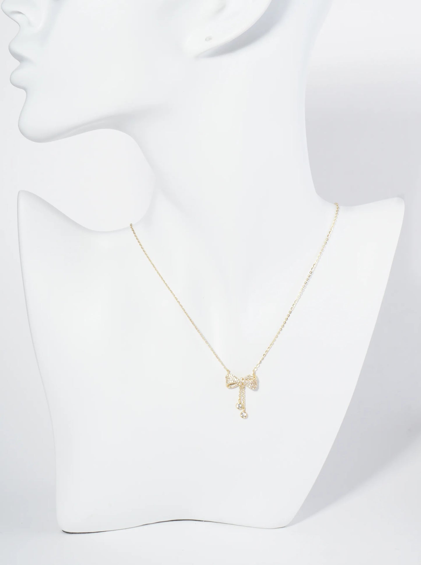 18K Gold Dipped Micro Pave Set CZ Ribbon Bow Pendant Necklace