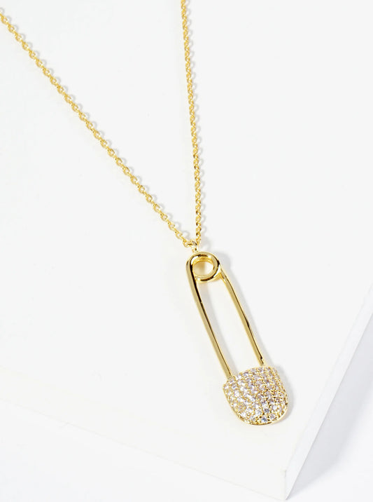 18K Gold Dipped Micro Pave Set CZ Safety Pin Pendant Necklace