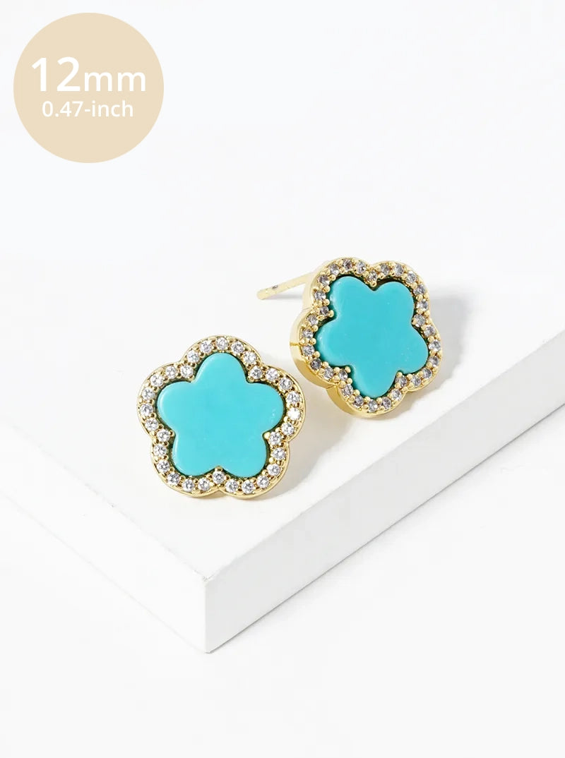 18K Gold Dipped Micro Pave Set Cubic Zirconia 12mm Semi-Precious Flower Stud Earrings