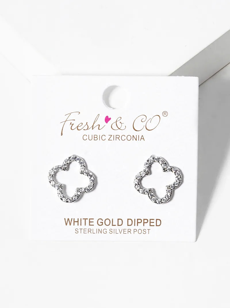 18K Gold Dipped Micro Pave Set Cubic Zirconia 13mm Quatrefoil 925 Sterling Silver Post Stud Earrings