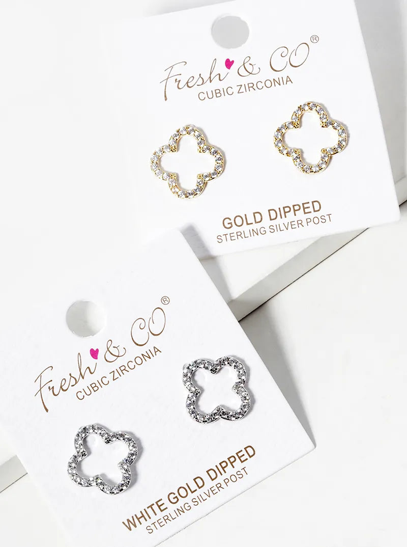 18K Gold Dipped Micro Pave Set Cubic Zirconia 13mm Quatrefoil 925 Sterling Silver Post Stud Earrings