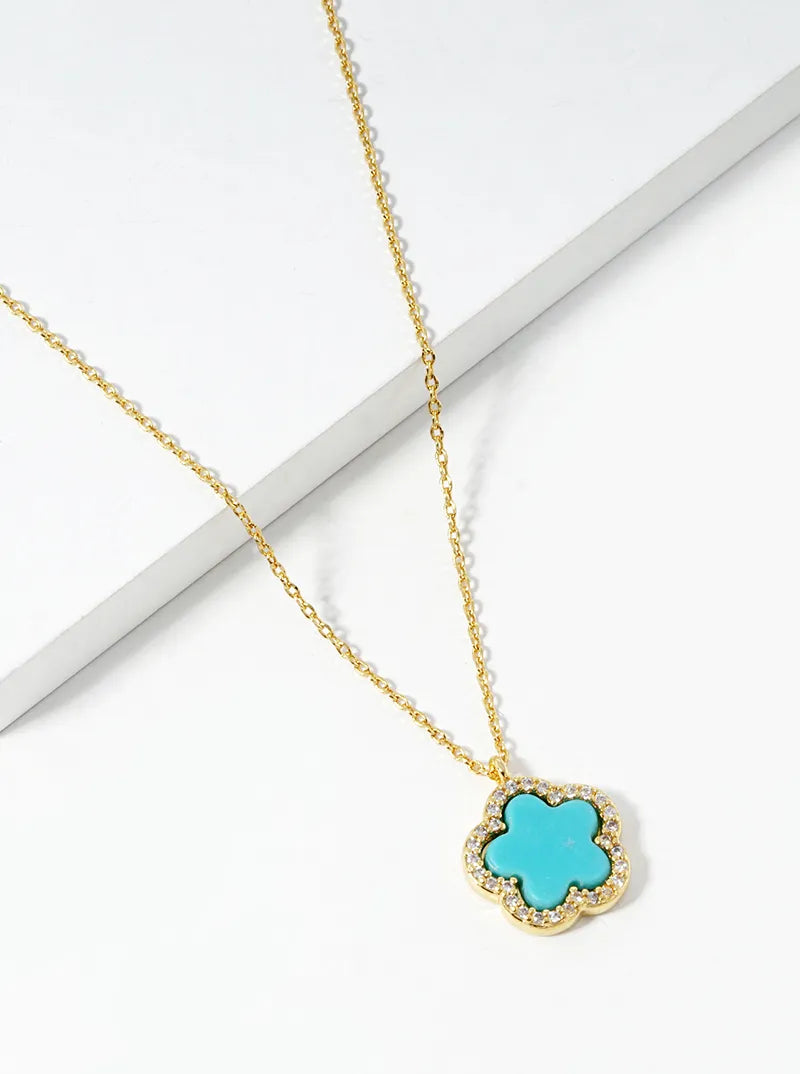 18K Gold Dipped Micro Pave Set Cubic Zirconia 13mm Semi-Precious Flower Pendant Necklace