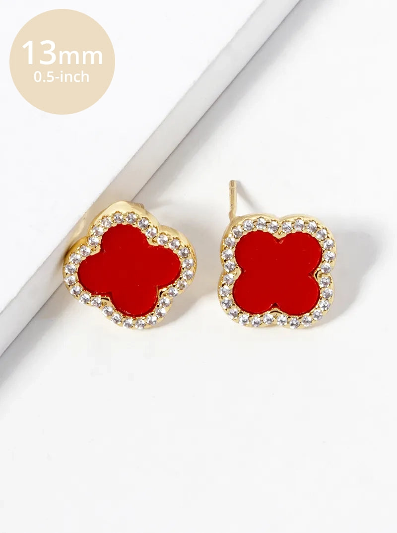 18K Gold Dipped Micro Pave Set Cubic Zirconia 13mm Semi-Precious Quatrefoil 925 Sterling Silver Post Stud Earrings