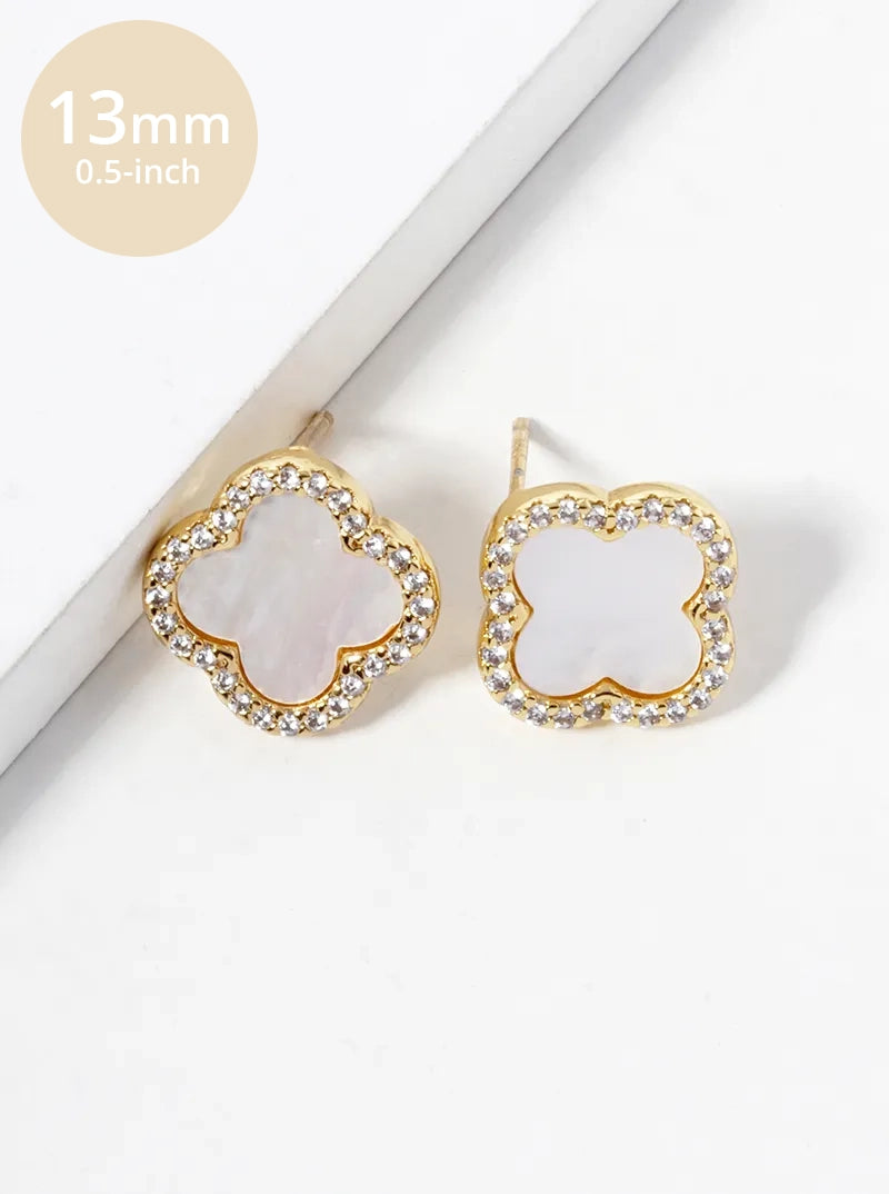 18K Gold Dipped Micro Pave Set Cubic Zirconia 13mm Semi-Precious Quatrefoil 925 Sterling Silver Post Stud Earrings