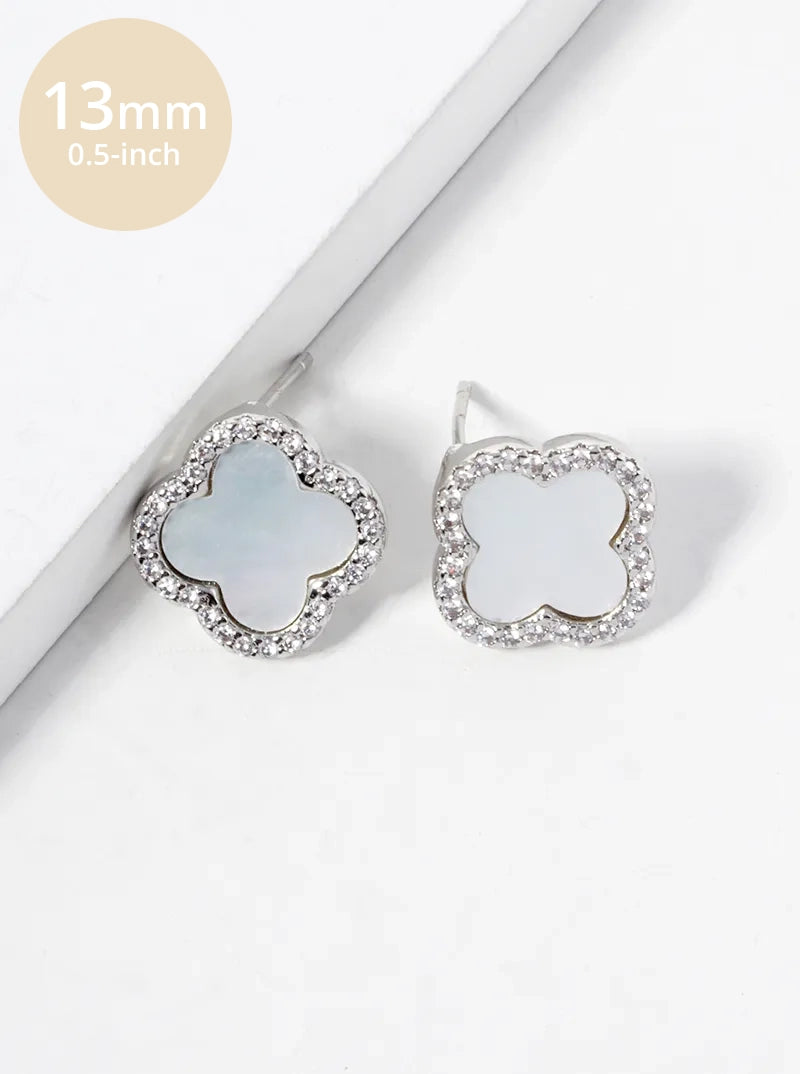 18K Gold Dipped Micro Pave Set Cubic Zirconia 13mm Semi-Precious Quatrefoil 925 Sterling Silver Post Stud Earrings