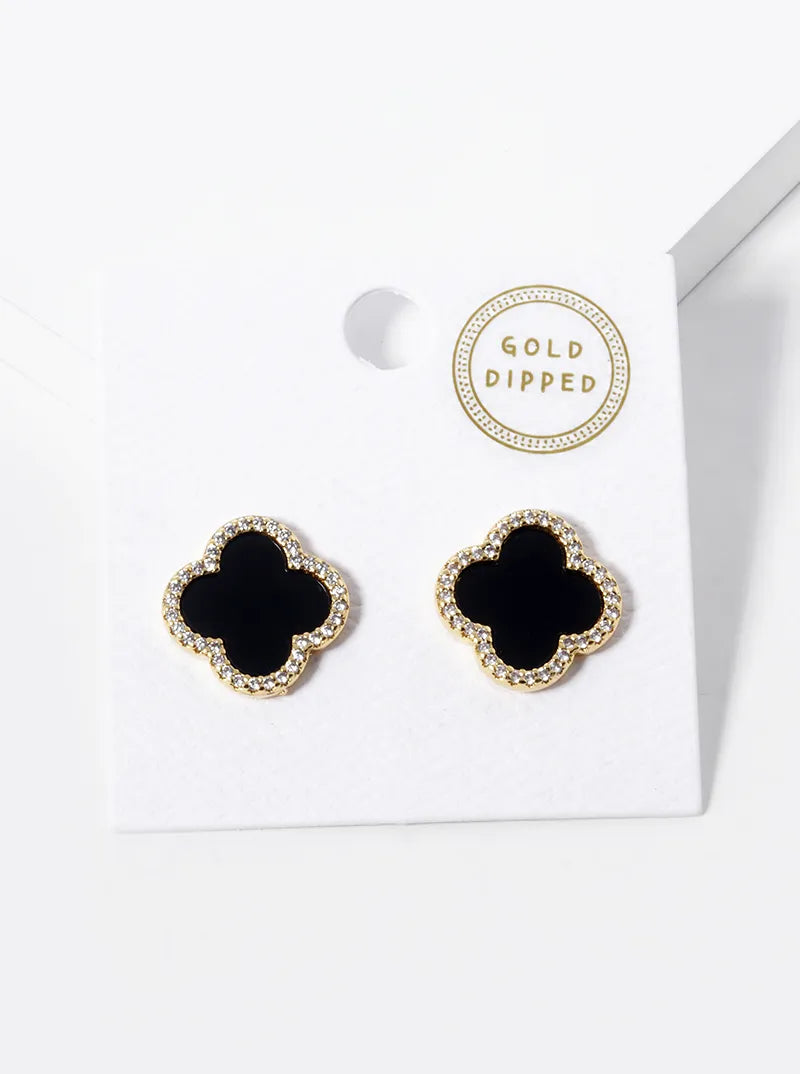 18K Gold Dipped Micro Pave Set Cubic Zirconia 15mm Semi-Precious Quatrefoil 925 Sterling Silver Post Stud Earrings