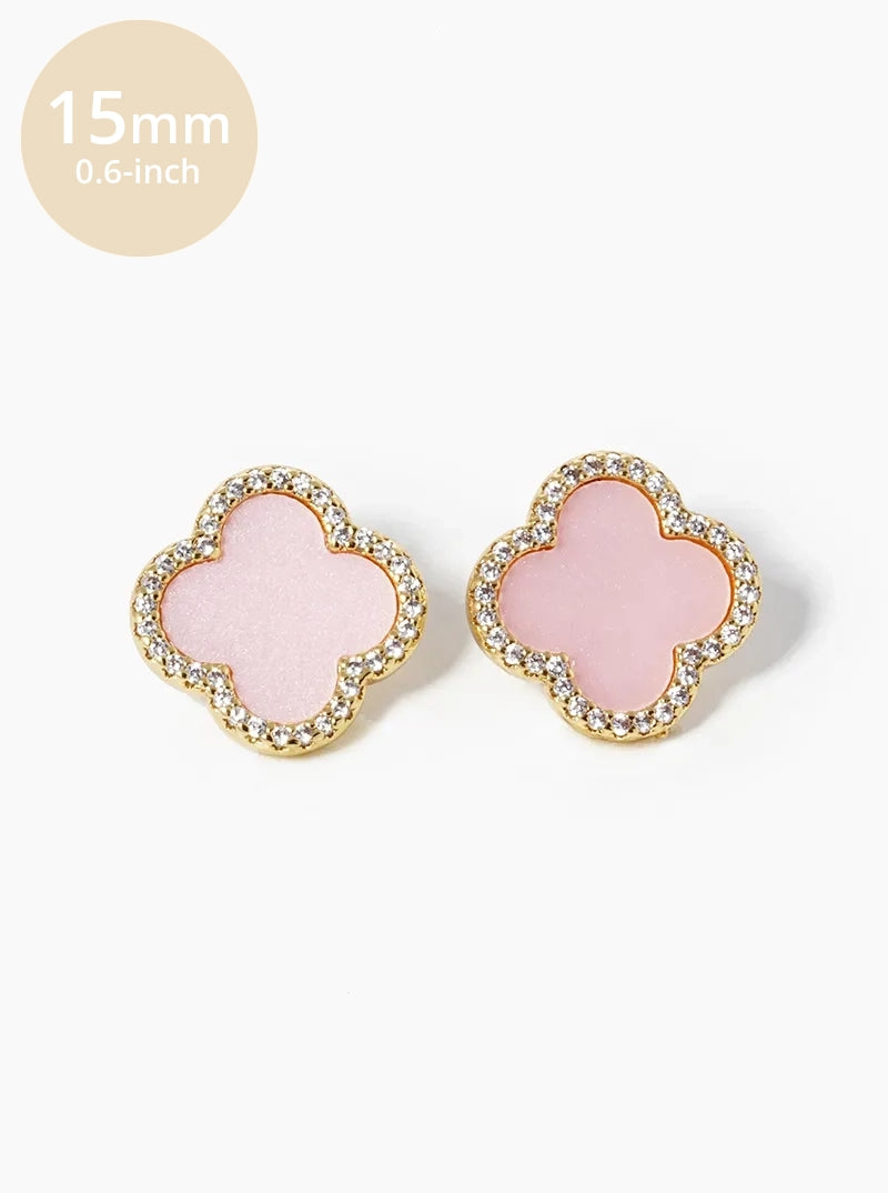 18K Gold Dipped Micro Pave Set Cubic Zirconia 15mm Semi-Precious Quatrefoil 925 Sterling Silver Post Stud Earrings