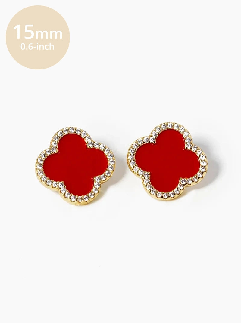 18K Gold Dipped Micro Pave Set Cubic Zirconia 15mm Semi-Precious Quatrefoil 925 Sterling Silver Post Stud Earrings