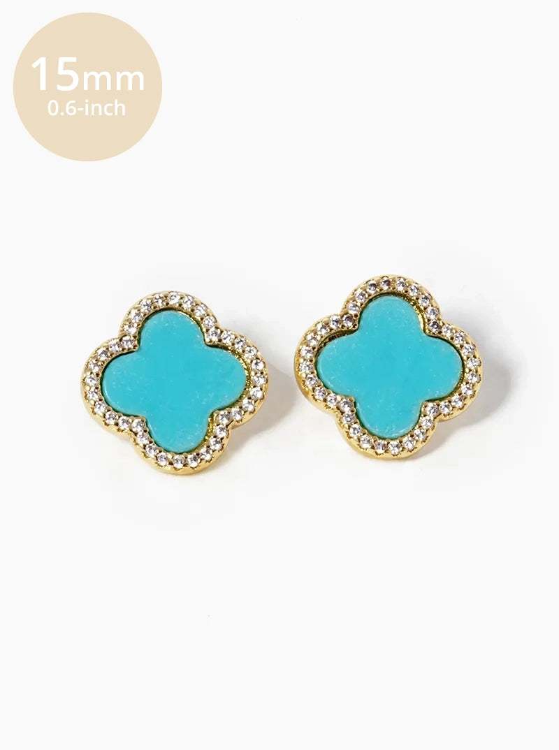 18K Gold Dipped Micro Pave Set Cubic Zirconia 15mm Semi-Precious Quatrefoil 925 Sterling Silver Post Stud Earrings