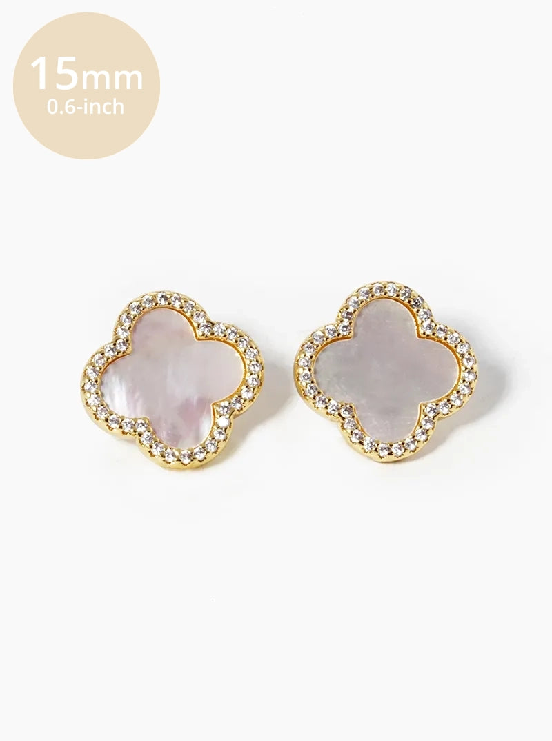 18K Gold Dipped Micro Pave Set Cubic Zirconia 15mm Semi-Precious Quatrefoil 925 Sterling Silver Post Stud Earrings