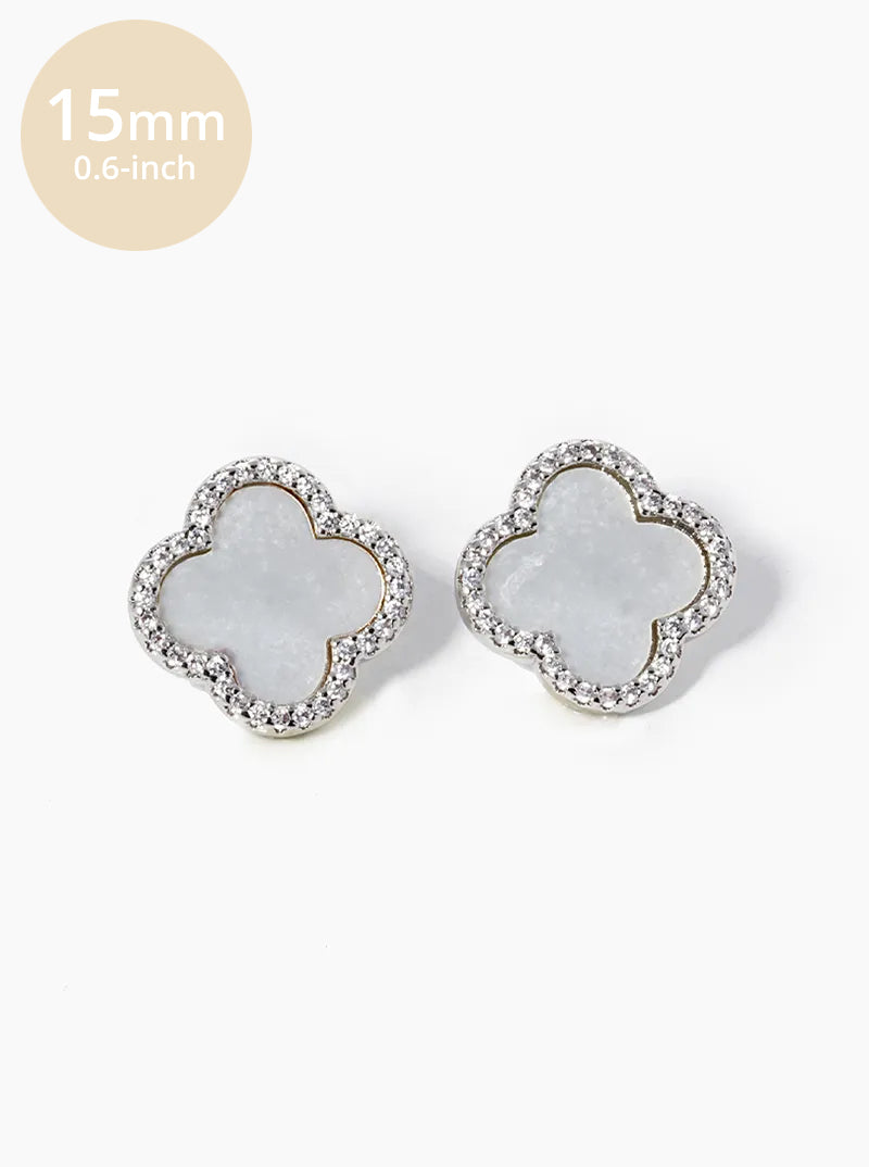 18K Gold Dipped Micro Pave Set Cubic Zirconia 15mm Semi-Precious Quatrefoil 925 Sterling Silver Post Stud Earrings