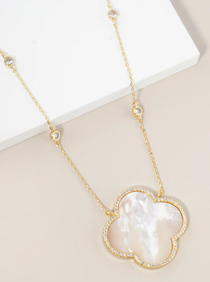 18K Gold Dipped Micro Pave Set Cubic Zirconia 32mm Quatrefoil Pendant Necklace