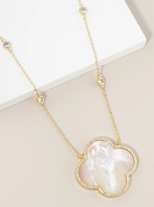 18K Gold Dipped Micro Pave Set Cubic Zirconia 32mm Quatrefoil Pendant Necklace