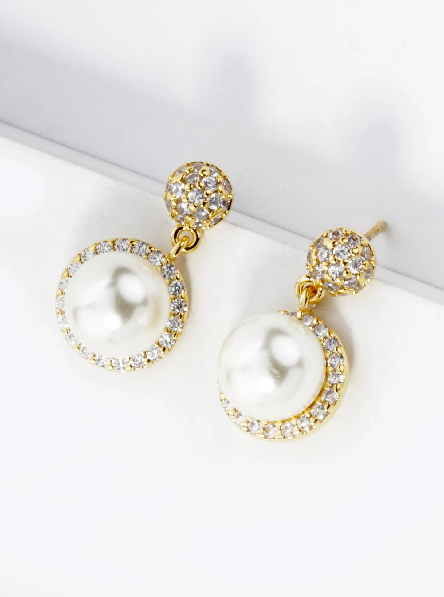 18K Gold Dipped Micro Pave Set Cubic Zirconia 7mm Pearl Dangle Post Earrings
