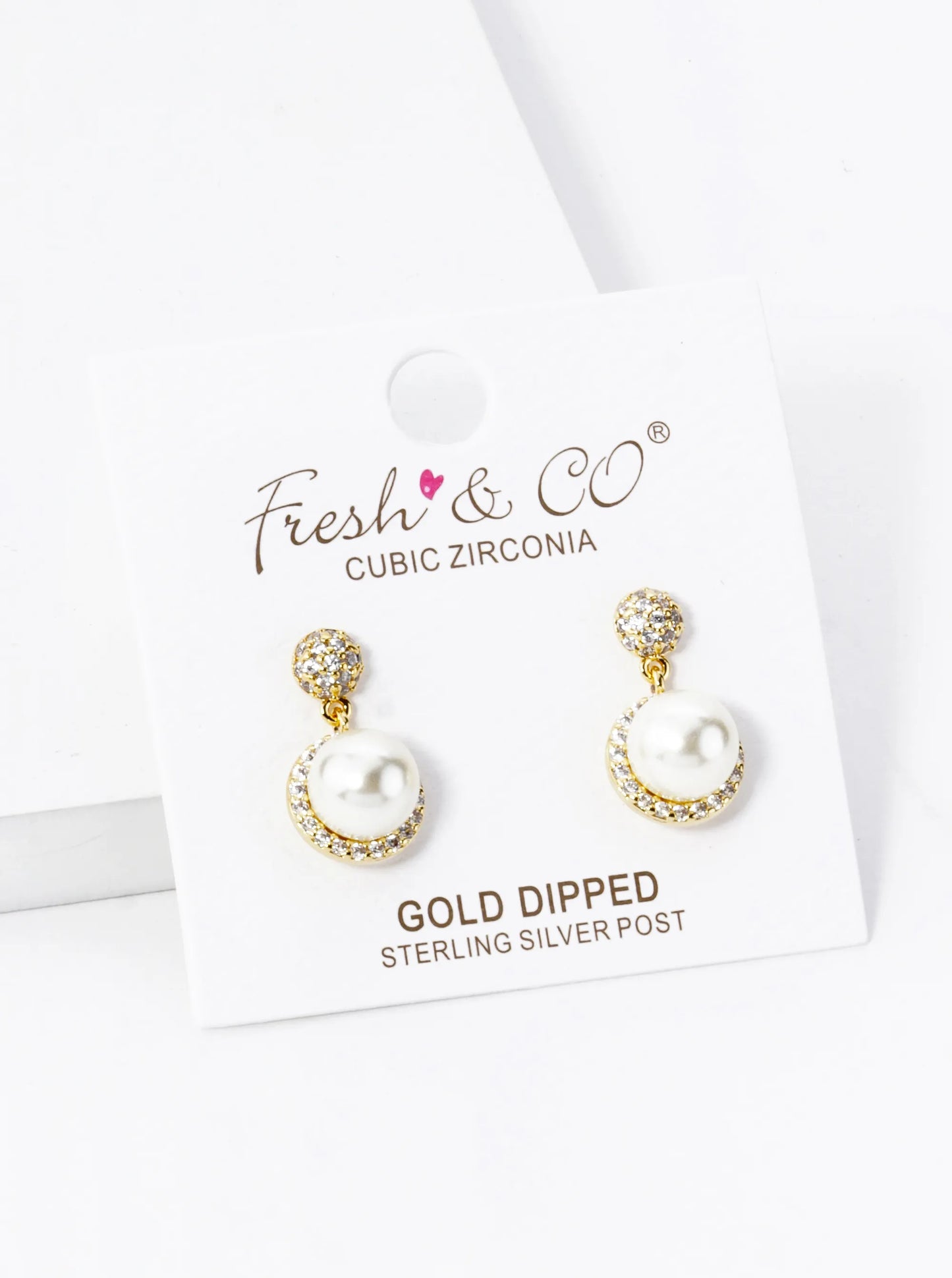 18K Gold Dipped Micro Pave Set Cubic Zirconia 7mm Pearl Dangle Post Earrings