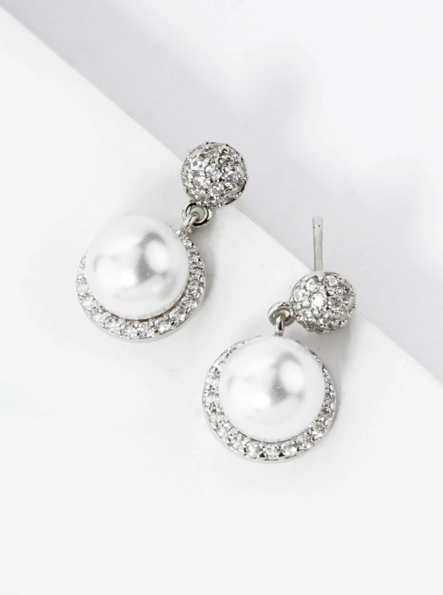 18K Gold Dipped Micro Pave Set Cubic Zirconia 7mm Pearl Dangle Post Earrings