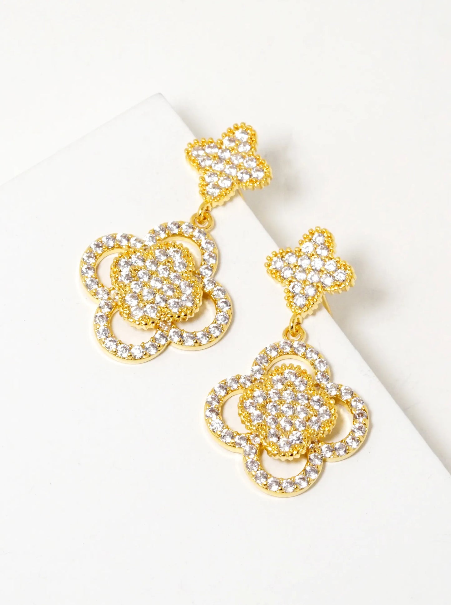 18K Gold Dipped Micro Pave Set Cubic Zirconia Double Quatrefoil Drop 925 Sterling Sliver Post Earrings