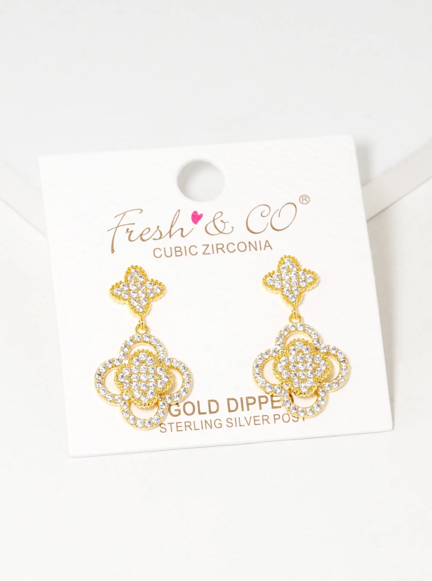 18K Gold Dipped Micro Pave Set Cubic Zirconia Double Quatrefoil Drop 925 Sterling Sliver Post Earrings