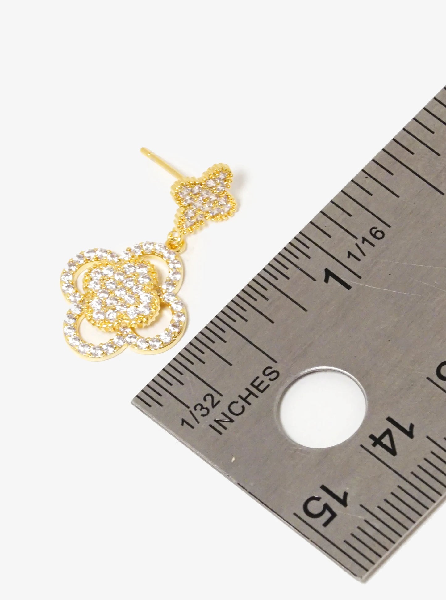 18K Gold Dipped Micro Pave Set Cubic Zirconia Double Quatrefoil Drop 925 Sterling Sliver Post Earrings