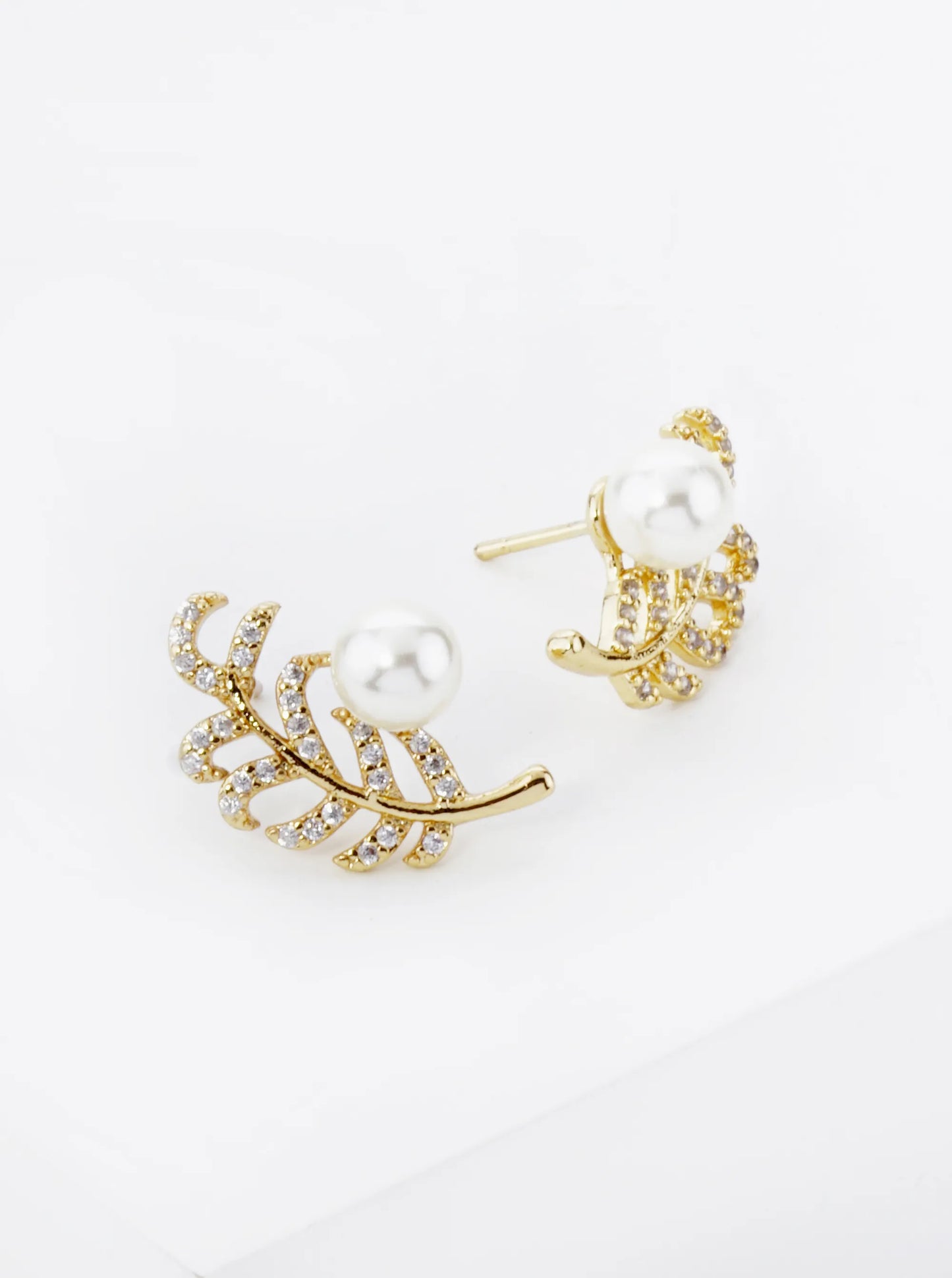 18K Gold Dipped Micro Pave Set Cubic Zirconia Feather And Pearl Stud Earrings