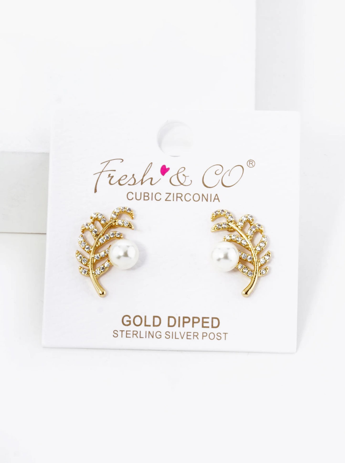 18K Gold Dipped Micro Pave Set Cubic Zirconia Feather And Pearl Stud Earrings