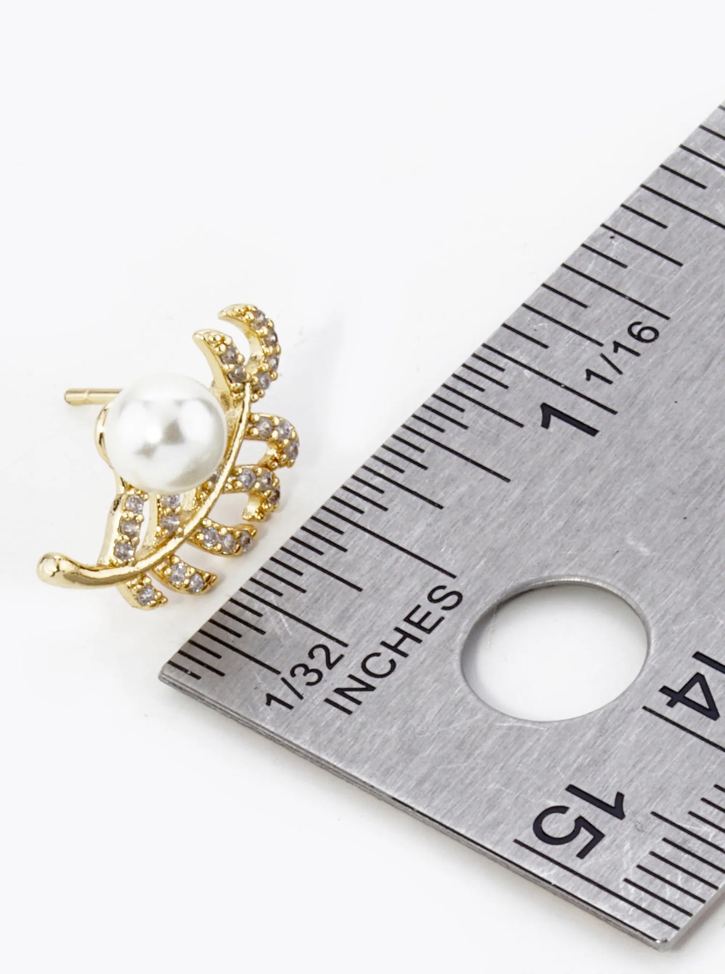 18K Gold Dipped Micro Pave Set Cubic Zirconia Feather And Pearl Stud Earrings