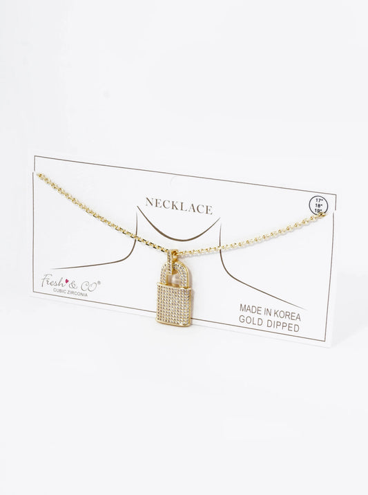 18K Gold Dipped Micro Pave Set Cubic Zirconia Padlock Pendant Necklace