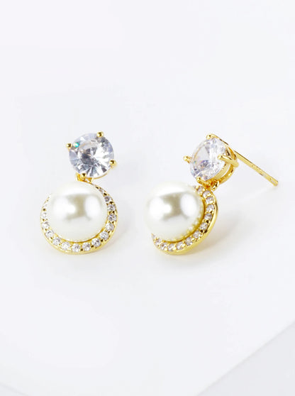 18K Gold Dipped Micro Pave Set Cubic Zirconia Pearl Drop Post Earrings
