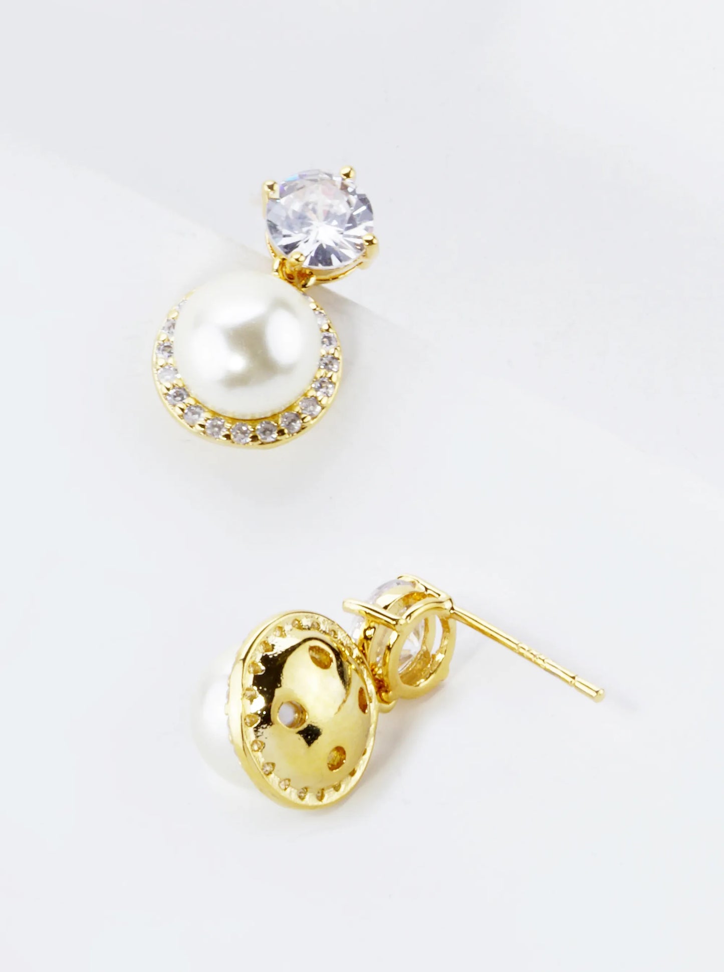 18K Gold Dipped Micro Pave Set Cubic Zirconia Pearl Drop Post Earrings