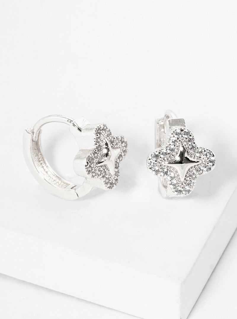 18K Gold Dipped Micro Pave Set Cubic Zirconia Quatrefoil 10mm Huggie Hoop Earrings