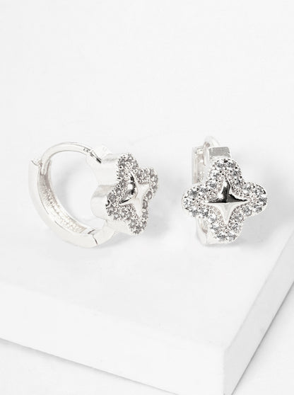 18K Gold Dipped Micro Pave Set Cubic Zirconia Quatrefoil 10mm Huggie Hoop Earrings