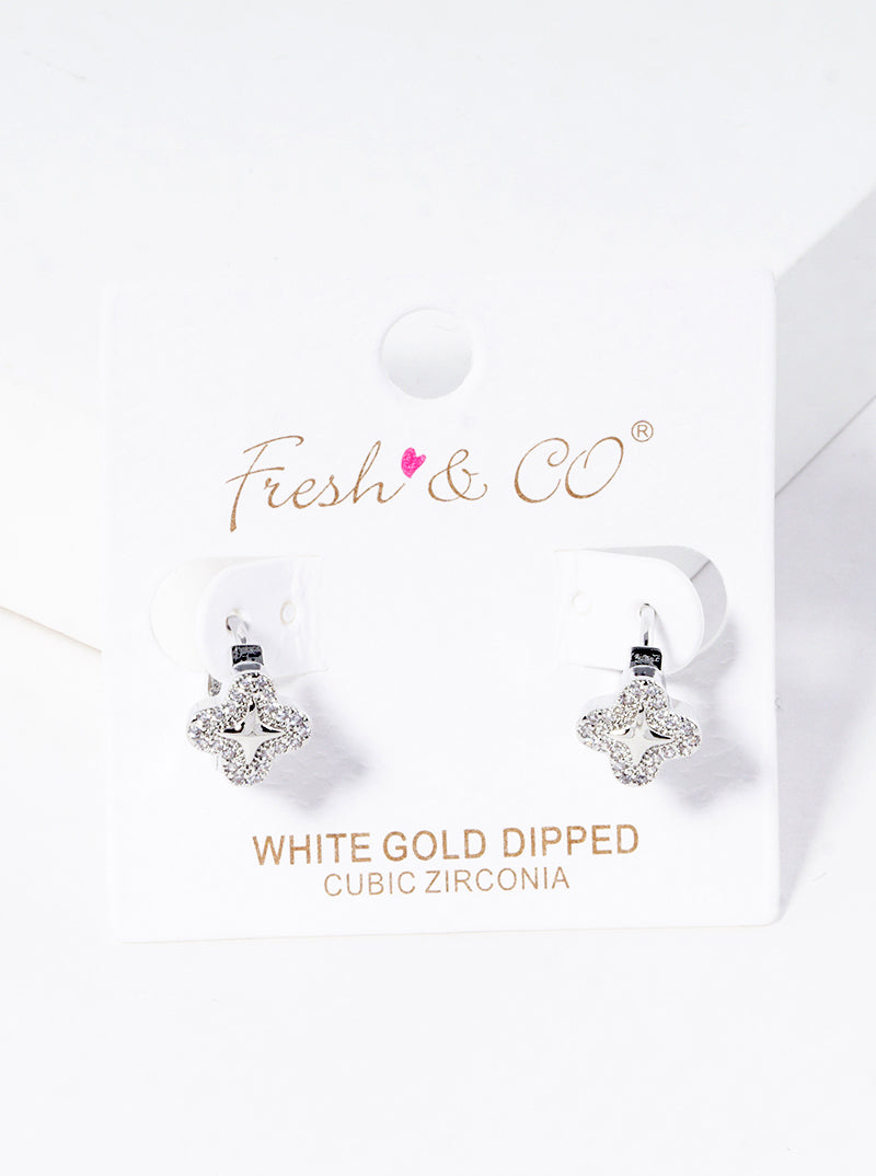 18K Gold Dipped Micro Pave Set Cubic Zirconia Quatrefoil 10mm Huggie Hoop Earrings