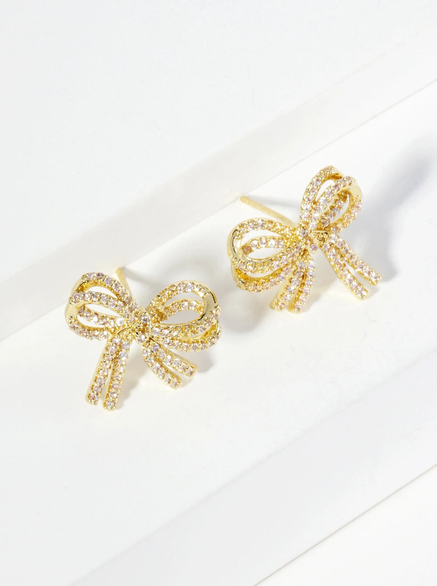 18K Gold Dipped Micro Pave Set Cubic Zirconia Ribbon Bow Stud Earrings