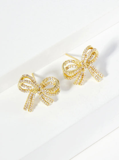 18K Gold Dipped Micro Pave Set Cubic Zirconia Ribbon Bow Stud Earrings