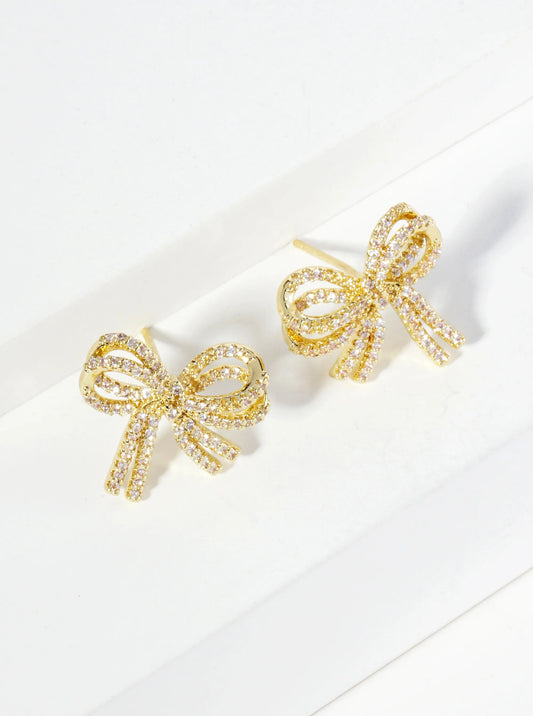 18K Gold Dipped Micro Pave Set Cubic Zirconia Ribbon Bow Stud Earrings
