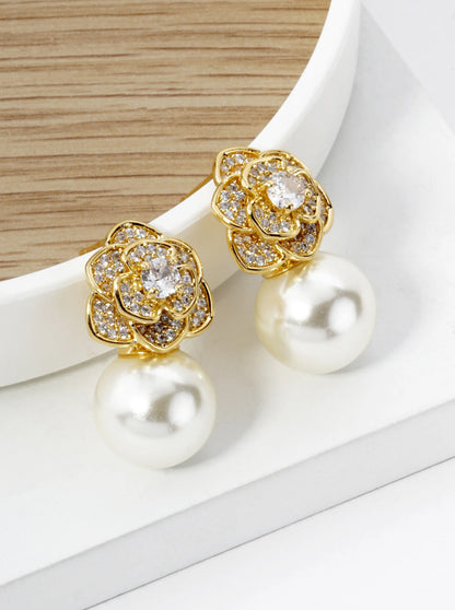18K Gold Dipped Micro Pave Set Cubic Zirconia Rose Flower With 11mm Pearl Post Earrings